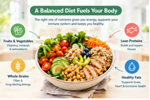 Balanced diet with vegetables, whole grains, healthy fats and lean protein