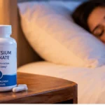 Magnesium glycinate for sleep beside a glass of water