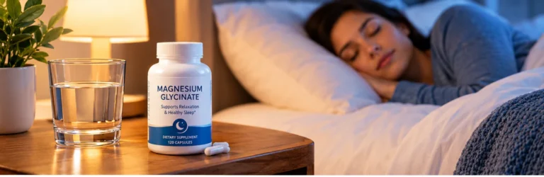 Magnesium glycinate for sleep beside a glass of water