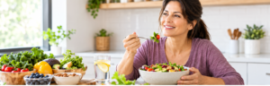 Healthy nutrition for women over 40 with vegetables, fruits, nuts, and a balanced meal