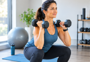 Woman performing dumbbell strength training to support muscle health after 40
